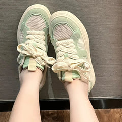 LBSFY  -  Comfortable Womens Sneakers Grid Design Breathable Lightweight Skate Shoes Versatile Lace Up Mint Green Casual Sneakers
