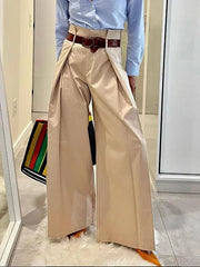 LBSFY  -  Solid Color Cotton Blended Pants for Urban Female High Waist Folded Wide Leg Trousers Women's Loose Fit Casual Pants