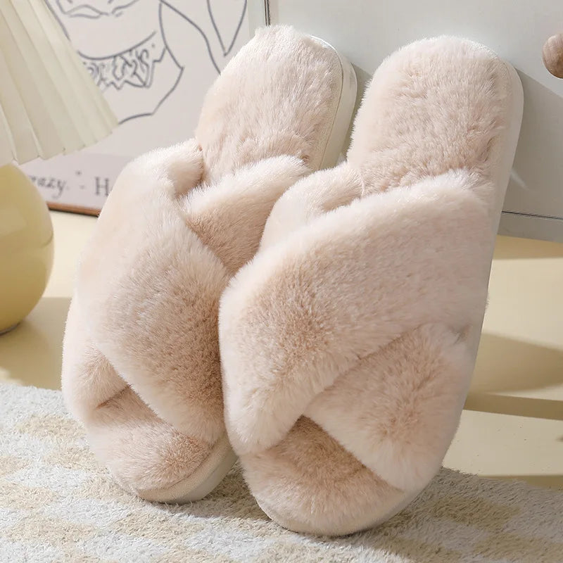 LBSFY  -  Fashion Cross Strap Fur Slippers Women Comfort Soft Long Plush Winter House Slides Woman Peep Toe Faux Fur Warm Cotton Slippers