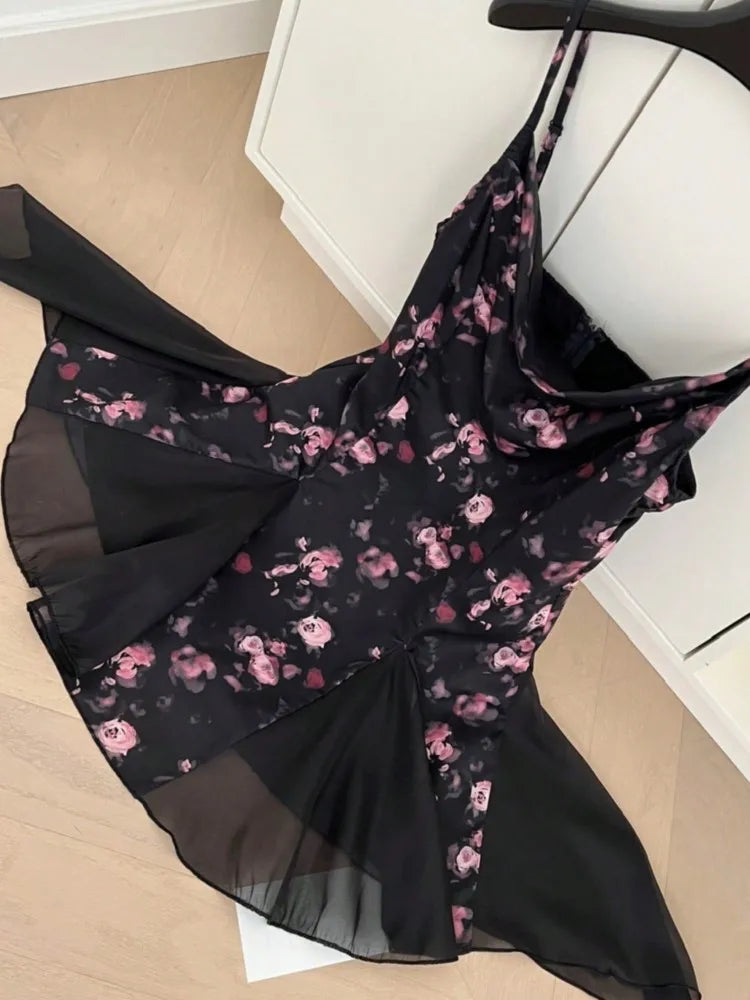 LBSFY -Summer Elegant Print Chic Ruffle Short Dress V-Neck Concert Strap Chiffon Party Dresses Women Spliced Graduation Clothes 2025