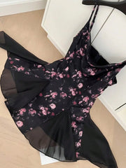 LBSFY -Summer Elegant Print Chic Ruffle Short Dress V-Neck Concert Strap Chiffon Party Dresses Women Spliced Graduation Clothes 2025