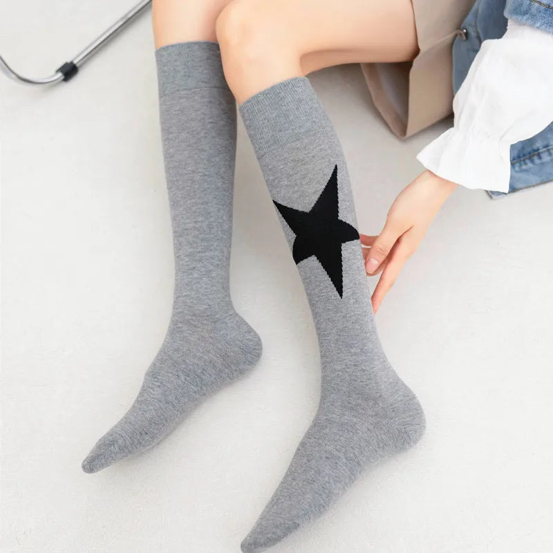 Lbsfy Women's Socks Cotton Spring Autumn Winter Black White Harajuku Korean Streetwear Socks Star Print Long Stockings Knee-high Socks