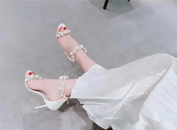 LBSFY  -  Newest Hot Woman White Black Pearls Zipper Back Summer Sandals Lady 8 10 CM Stiletto Heels Open Toe One Line Wedding Shoes