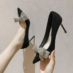 LBSFY -New Fashion Bowknot Pointed Toe High Heels Pumps Women's Stiletto White Pearl Bridal Wedding Shoes Banquet Party Dress Shoes