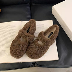 LBSFY -New Style Fashion Women's Shearling Ballet Flats with Strap Warm Rabbit Fur Plush Lined Crystal Buckle Mary Jane Flat Shoes