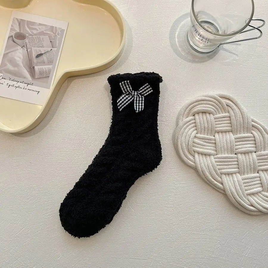 Lbsfy Women Cute Fuzzy Socks White Black  Winter Warm Fleece Kawaii Flower Bowknot Fluffy Socks Fashion Thicken Home Floor Sleep Sock