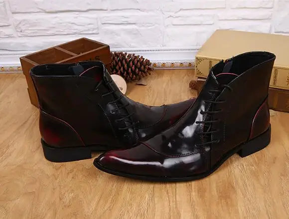 LBSFY  -  New Burgundy Black Matte Genuine Leather Pointed Toe Business Shoes Man Cross Tied High Top Flat Short Ankle Boots Size 47