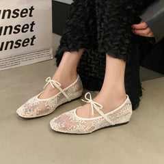 LBSFY -Mesh lace inner heightening women's shoes 2025 summer new sexy square head shallow breathable ballet shoes bow flat shoes