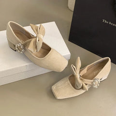LBSFY  -  Velvet Bowknot Square Toe Chunky Mary Jane Shoes Women Rhinestone Buckle High Heels Dress Shoes Shallow Fashion Ballet Shoes