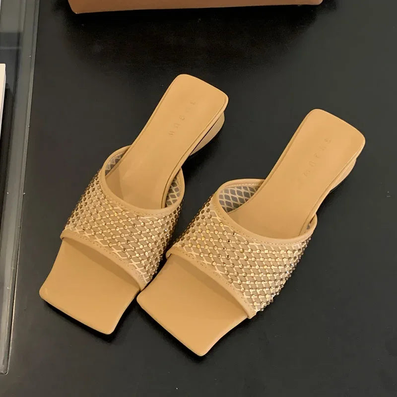 Lbsfy Summer NEW Mesh Breathable Slippers Women Rhinestone Square Toe Slides Female Footwear Fashion Sandals Ladies Zapatos De Mujer