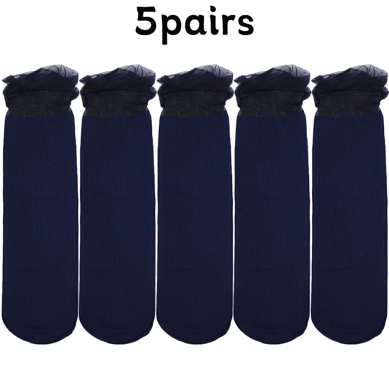 Lbsfy 5Pairs Transparent Lace Frilly Ruffle Socks Women Girls Velvet Ultra-thin Long Sock Summer Harajuku Hollow Out Sox Hosiery