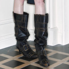 LBSFY  -  Star style Fashion Pointed toe Belt Buckle Metal Rivet Women Knee High Boots Autumn Winter Patent Leather High Heels Boots Shoes