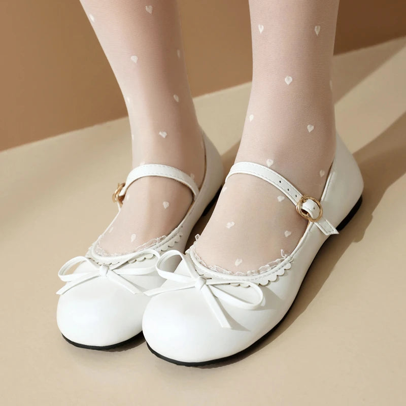 LBSFY  - Spring Autumn Pink White Mary Janes Flat Shoes Woman Round Toe Buckle Strap Lolita Girls Student Ballet Flats Plus Size 43 44 45