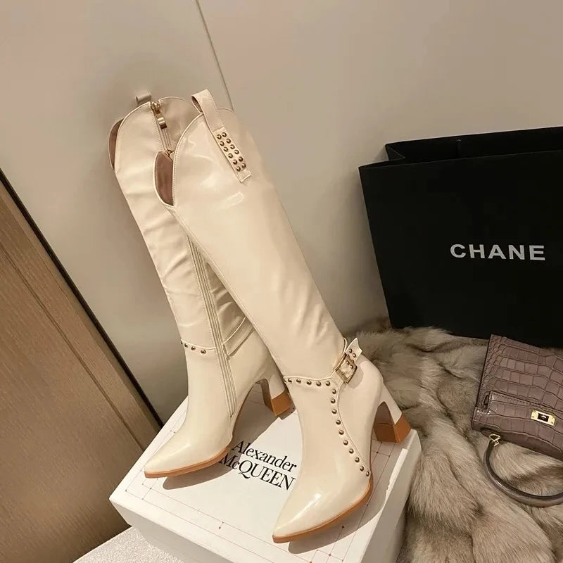 LBSFY  - White Pointed Toe Rivet Western Boots Pu Leather Side Zipper High Heels Knee High Boots Newest Fashion Autumn Winter Women Shoes