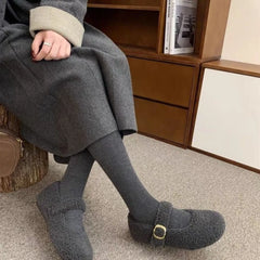 LBSFY -Fashion Round Toe Wool Ballet Flats Woman Concise Warm Plush Loafers Ladies Brand Design Fluffy Mary Jane Shoes in Red Grey