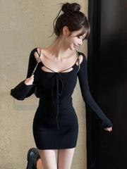 LBSFY -Elegant Knitted Dresses for Women Fashion Chic Long Sleeve Lace-up Evening Party Mini Dress Female One Piece Casual Vestidos New