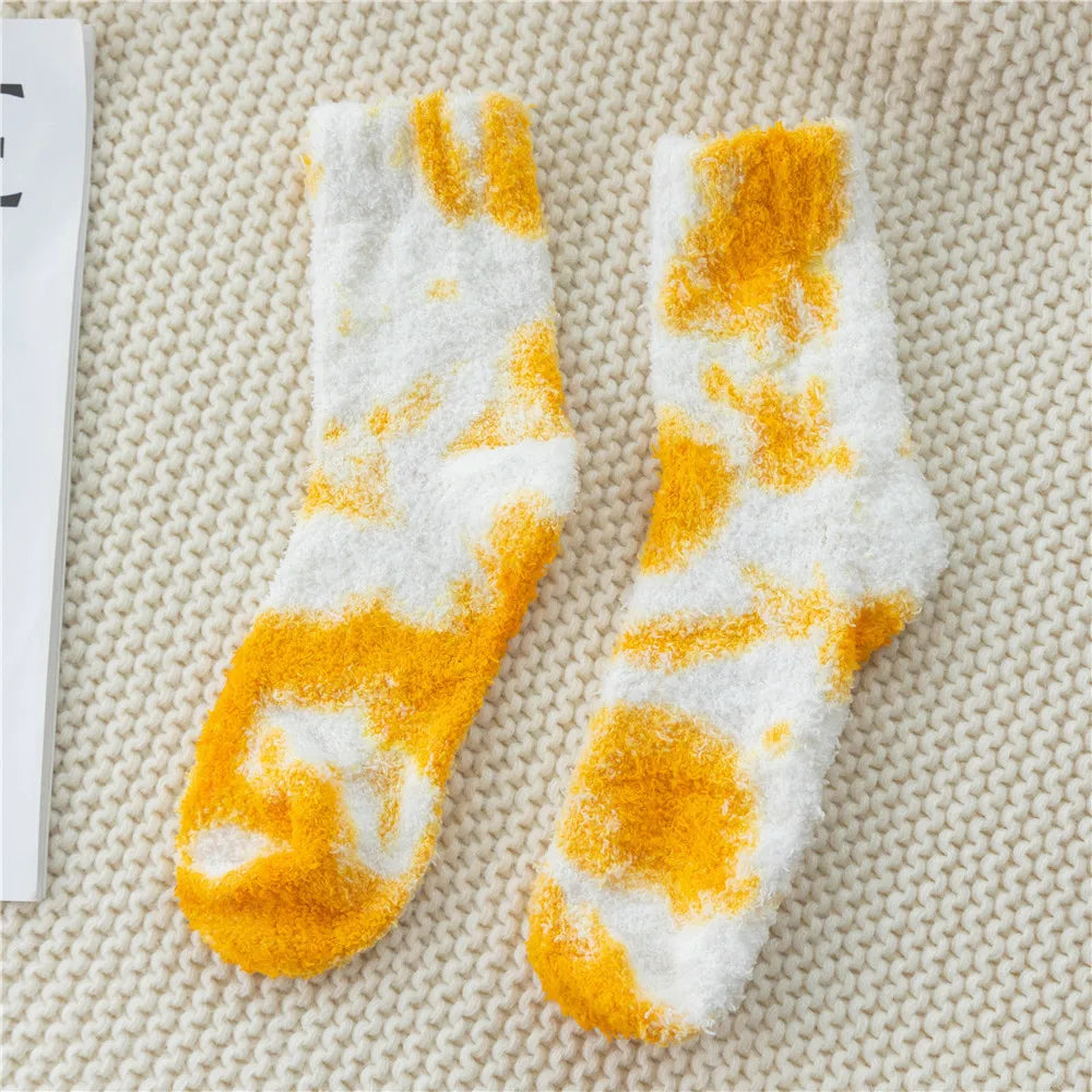 Lbsfy Socks Women Tie-dye Socks Ladies Warm Knee Winter Printing Thickened Coral Mink Fleece Girls Gift Hip Hop Floor Socks Stockings