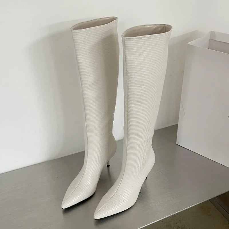 LBSFY -Sexy Gingham Pointed Toe Women Knee-High Boots High Quality Party Dress Modern Long Booties Thin Low Heels Shoes