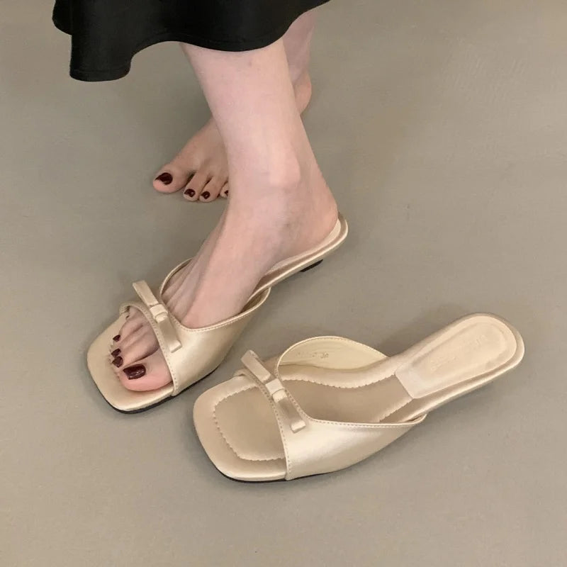 LBSFY - New Comfortable Low Heel Square Head Sandals Sweet Bow Silk Thick Heel Slippers Ladies Outwear Beach Slides Mujer