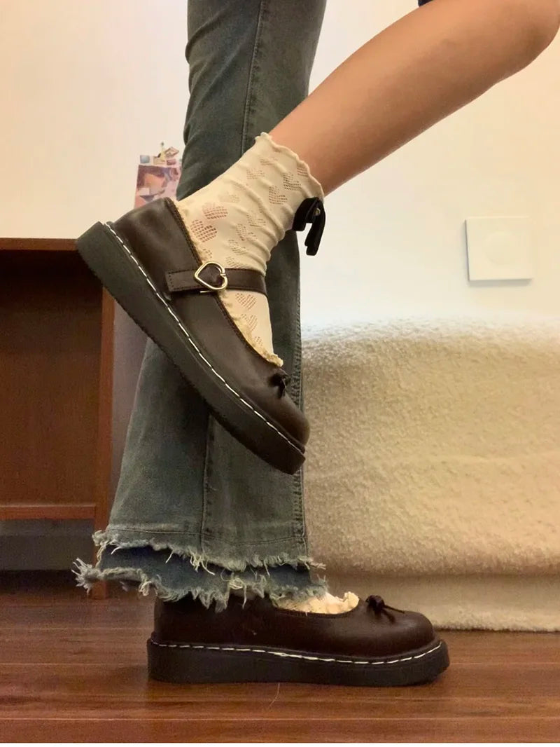 LBSFY -Butterfly-knot Lolita Women Leather Shoes Shallow Round Toe Ladies Concise Outdoor College Style Mary Jane Shoes