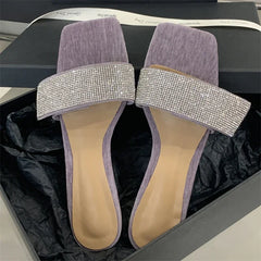 LBSFY -Summer Fashion Bling CRYSTAL Diamonds Square Toe Women Slippers Low Heels Party Dress Mules Slide Shoes