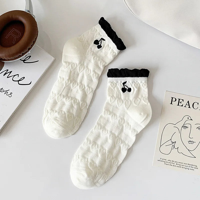 Lbsfy Women's Short Socks Spring Summer Love Cherry Embroidered Casual Cotton Low Tube Ruffle White Black Cute Kawaii Girl Cotton Sock