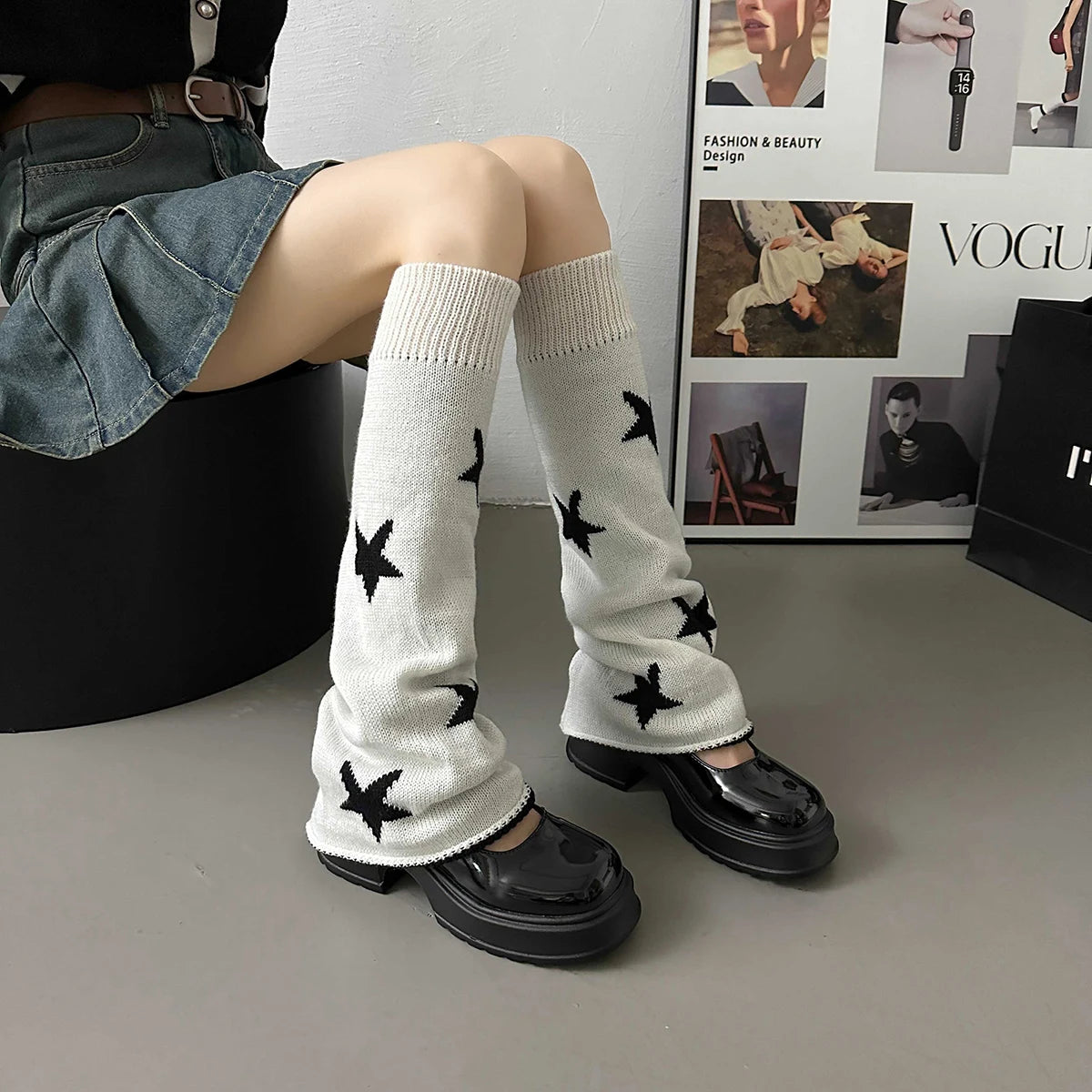 Lbsfy Y2k Star Pattern Knitted Leg Warmers Gothic Loose Leg Cover Sock Girls Winter Casual Leg Protector Stocking JK Thigh High Socks