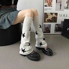 Lbsfy Y2k Star Pattern Knitted Leg Warmers Gothic Loose Leg Cover Sock Girls Winter Casual Leg Protector Stocking JK Thigh High Socks