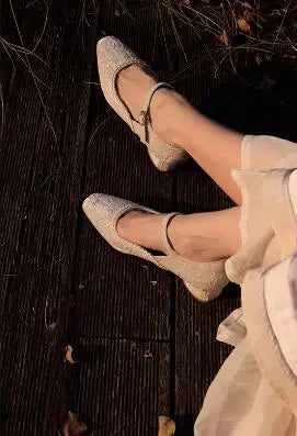LBSFY  -  Chinese Style Horse Face Skirt Beige Velvet Pearl One Line Ankle Buckle Strap Low Heels Mary Jane Shoes Women 25 mm Heels Shoes