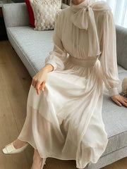 LBSFY -Elegant Midi Dresses for Women Korean Long Sleeves Half High Collar Lace-up A-line One Piece Vestido Mujer Autumn Fashion New