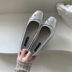 LBSFY  -  Silver Flats Ballet Shoes for Women Mary Janes Casual Shallow Slip on Pumps Sequare Toe Elegant Woman Heeled Shoes Loafers 2024