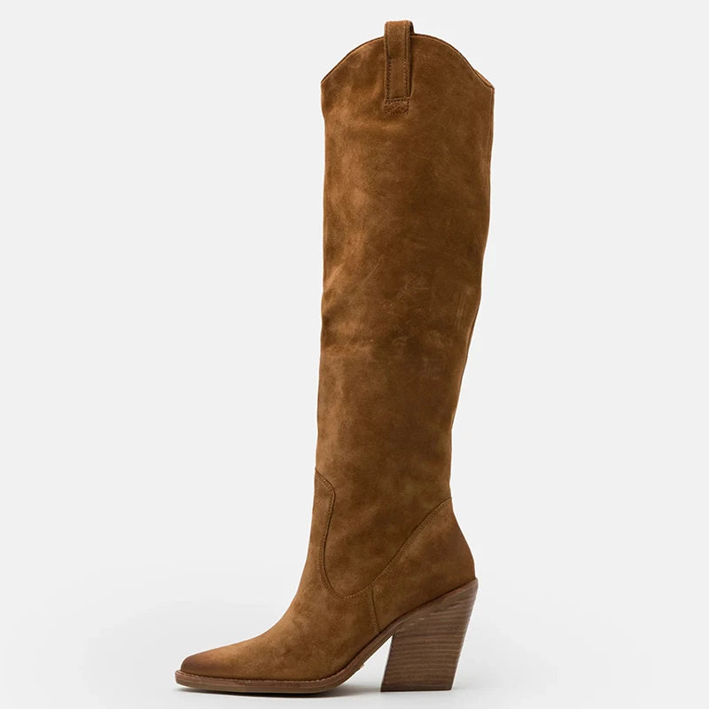 LBSFY  -  New Suede Pointed Toe Cowboy Knee-High Boots Women Side Zipper Knight Boots High Heels Women Western Boots Women Botines Mujer