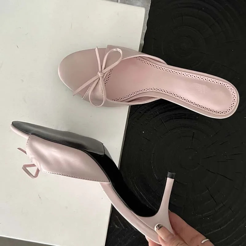 LBSFY -Summer Pink Butterfly-knot Woman Slippers Elegance Stripper Thin Low Heels Ladies Mules Slides Shoes