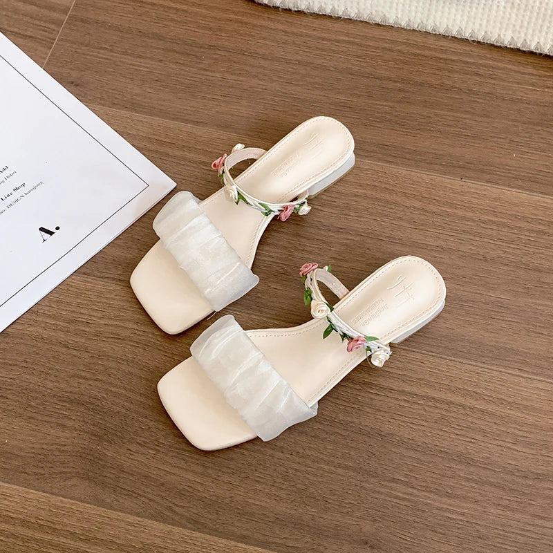 LBSFY  -Fashion Flower Decoration Women's Open Toe Slippers Comfort Outdoor Low Heel Slides Summer Casual Beach Dress Shoes