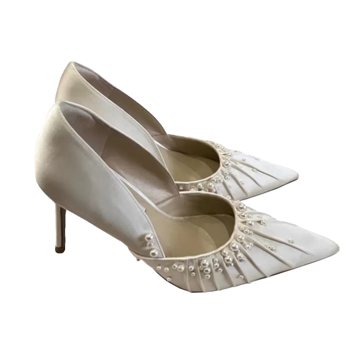 LBSFY  -  Spring and Autumn New Pointed Shallow Mouth High Heels Women's White Pleated Pearl Bridesmaid Bridesmaid Wedding Shoes