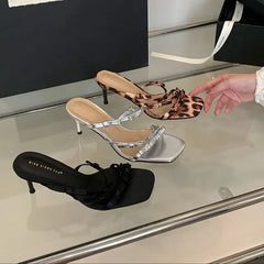 LBSFY -Summer Fashion Band Woman Slippers Leopard Narrow Thin Low Heels Party Stripper Ladies Mules Slides Zapatos Mujer