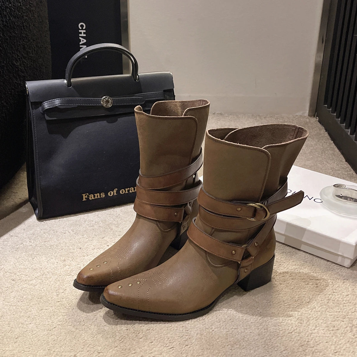 LBSFY -New Style Fashion Women's Winter Pointed Toe Western Ankle Boots Women Square Heels Goth Short Booties Buckle Strap Casual Shoes