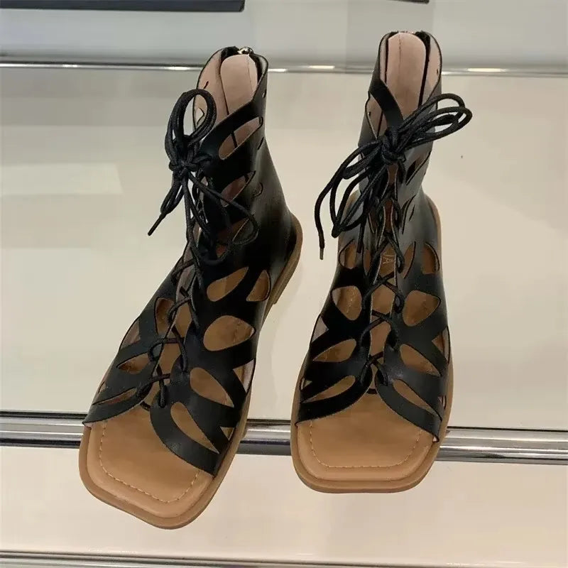 LBSFY -Design Style Hollow Out Flat Heels Woman Boot Sandals Summer Square Toe Zipper Casual Party Dress Gladiator Shoes