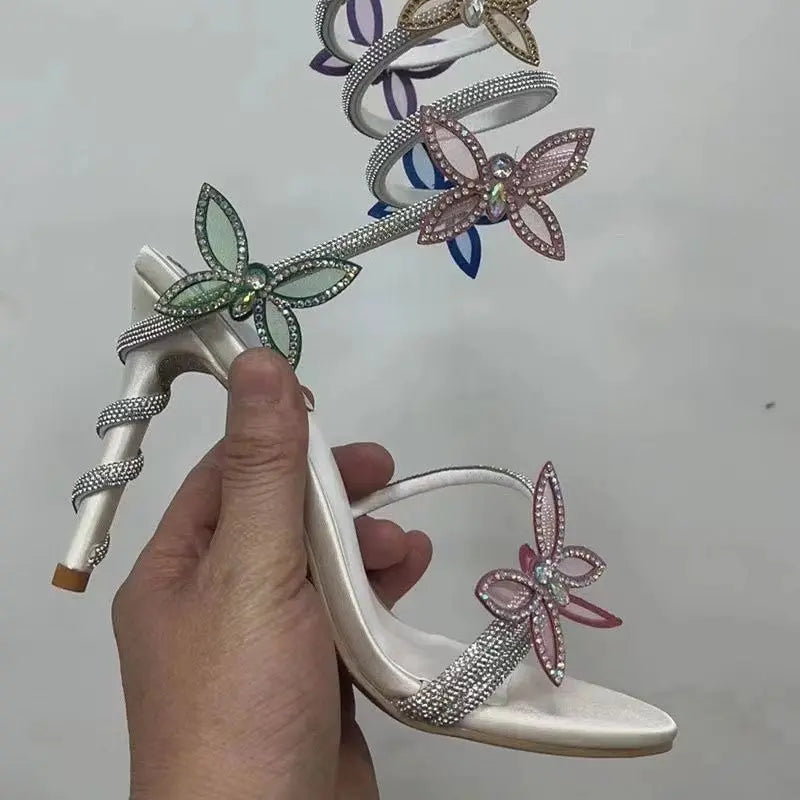 LBSFY  -  Sexy Crystal Butterfly Ankle Strap Sandals Woman Fashion Sexy Stiletto Pink Gold Green Sliver High Heels Banquet Snake Pumps