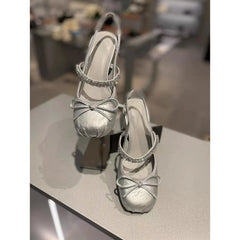 LBSFY  -  French Silver Bow, Thick Heel, Toe Cap Shoes, Women's Summer Outerwear, Mid Heel, Rhinestone, Mary Jane High-Heeled Sandals