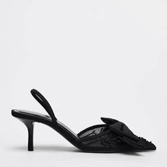 Lbsfy Thin High Heels Women Bow String Bead Pointed Slingback Mules Pumps Mesh Embroider Elegant Dress Sandals Female