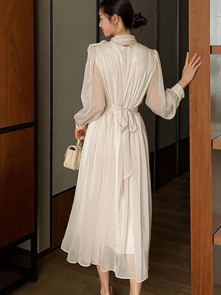 LBSFY -Elegant Midi Dresses for Women Korean Long Sleeves Half High Collar Lace-up A-line One Piece Vestido Mujer Autumn Fashion New