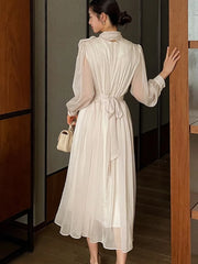 LBSFY -Elegant Midi Dresses for Women Korean Long Sleeves Half High Collar Lace-up A-line One Piece Vestido Mujer Autumn Fashion New