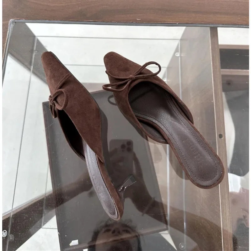 LBSFY -Women Baotou High Heel Half Slippers French Bow Sexy Commuter Pointed Shallow Mouler Shoes Stripper Mules Shoes High Heel Shoes