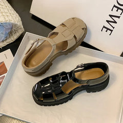 LBSFY  - Women Shoes 2024Summer New Roman Sandals Leather Fashion Retro Thick Heel High Heel Buckle Strap Heels Women Casual