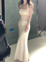LBSFY -Elegant French Mesh Satin Patchwork Women's Dresses Halter Bodycon Slim-Fit Sexy Backless Sleeveless Robe Party Evening Vestidos