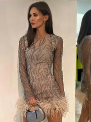 LBSFY  -  Chic Spliced Feathers Hem Sequins Mini Dress Women Fashion O-neck Long Sleeve Mesh Sheer Dresses New 2024 Female Party Clubwear