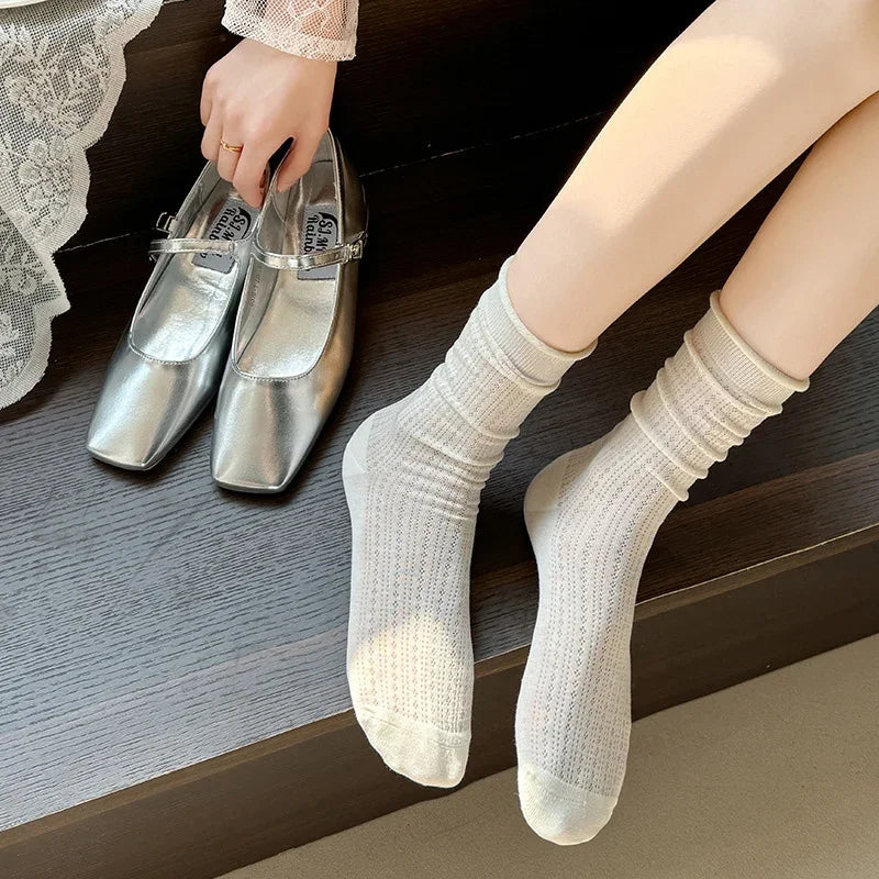Lbsfy 1pair Spring Women Heart Hollow Out Lolita Style Cute Socks Thin Middle Tube Socks for Girl Sweet Soft Designer Loose Socks