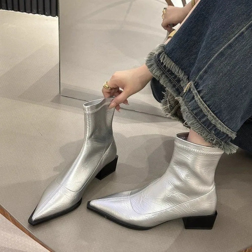 LBSFY -Pointed Toe Women Slim Ankle Boots Fashion Square Low Heel Ladies Elegant Back Zippers Short Booties Women's Footwear
