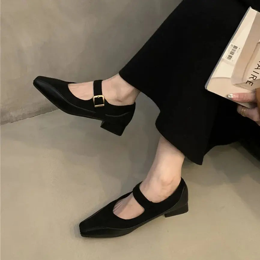 LBSFY  -  Ladies Flat Shoes High Quality Mary Janes Women's Pumps Elegant Dress Pumps Women Square Toe Buckle Strap Low Heel Shoe